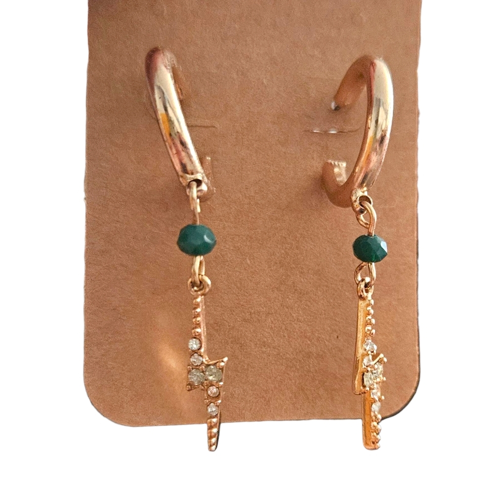 Lightning Bolt Open Hoop Dangle Earrings Green Gold Tone